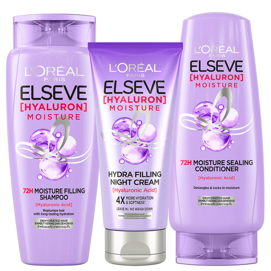 L'Oreal Paris เอลแซฟ ไฮยาลูรอน มอยซ์เจอร์ 72เอช มอยซ์เจอร์ ฟิลลิ่ง แชมพู + เอลแซฟ ไฮยาลูรอน มอยซ์เจอร์ 72เอช มอยซ์เจอร์ ซีลลิ่ง คอนดิชันเนอร์ + เอลแซฟ ไฮยาลูรอน มอยซ์เจอร์ ไฮดร้า ฟิลลิ่ง ไนท์ครีม - Shampoo 280ml, Conditioner 280ml, Night Cream 150ml