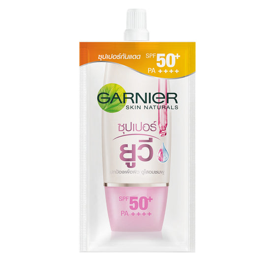 Garnier สกิน แนทเชอรัลส์ ซากุระ โกลว์ ซุปเปอร์ ยูวี ไบรท์เทน & โพรเท็ค ซันสกรีน เอสพีเอฟ50+/พีเอ++++ - 7ml x6